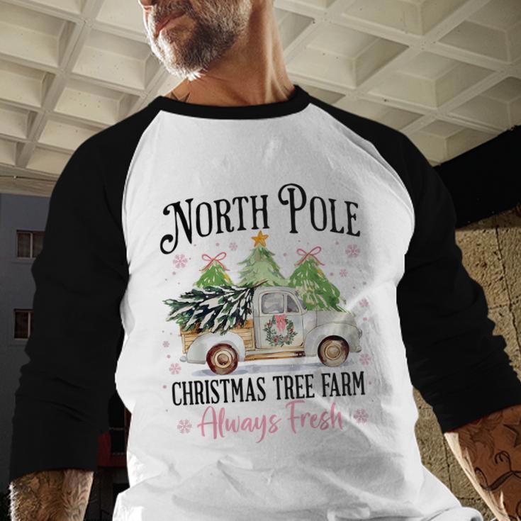 Holiday Scene Nostalgia North Pole Tree Farm Merry Christmas Baseball Raglan Shirt