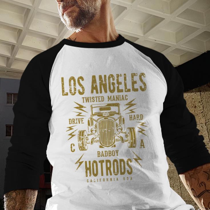 Los Angeles Hotrods Automotive Nostalgia Distressed Baseball Raglan Shirt Los Angeles Hotrods Automotive Nostalgia Distressed Baseball Raglan Shirt