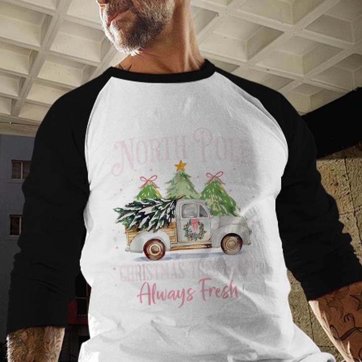 North Pole Tree Farm Merry Christmas Holiday Scene Nostalgia Baseball Raglan Shirt