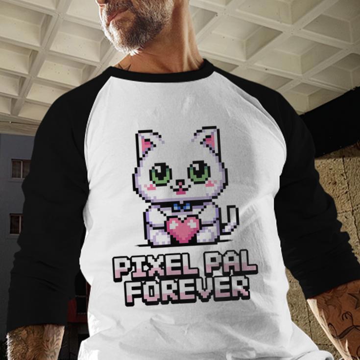 Pixel Art Pet Cat Y2K Retro Vintage Digital Nostalgia Tech Baseball Raglan Shirt