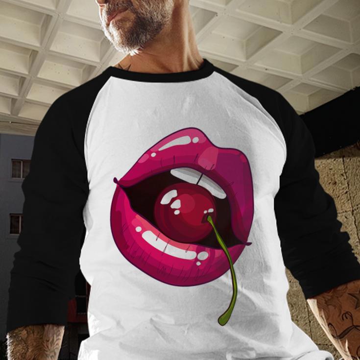 Rainbow Lips With a Cherry In The Mouth 80s Nostalgia Premium Tri-Blend Baseball Raglan Shirt