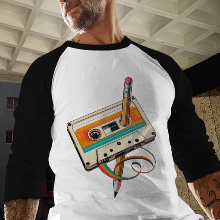Retro Cassette Tape & Pencil Rewind Nostalgia Party 80s 90s Baseball Raglan Shirt