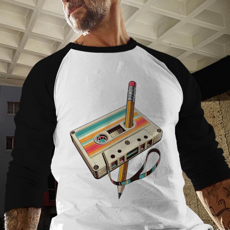 Retro Cassette Tape & Pencil Rewind Nostalgia Party 80s 90s Premium Baseball Raglan Shirt