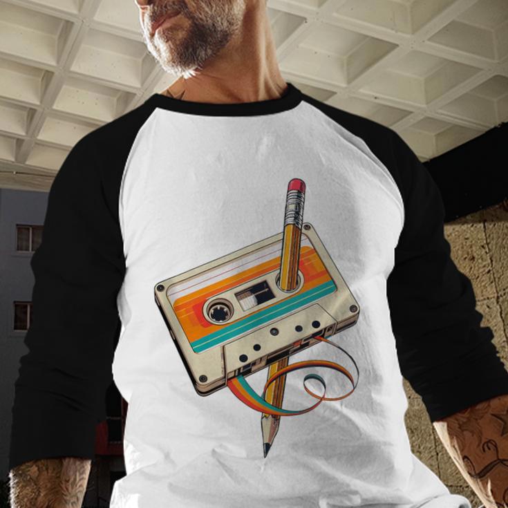 Retro Cassette Tape & Pencil Rewind Nostalgia Party 80s 90s Baseball Raglan Shirt