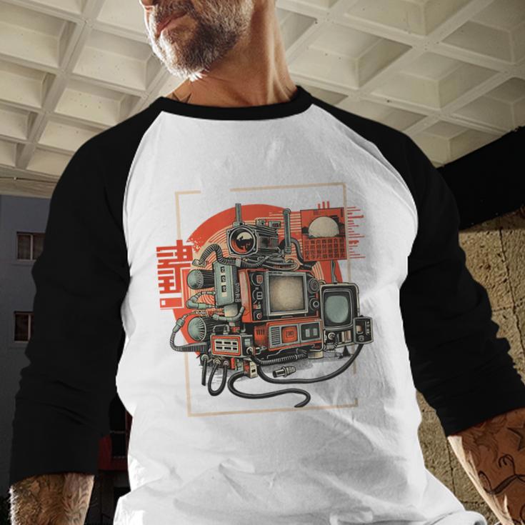 Retro Tech Stack 80s 90s Nostalgia Analog TV Cameras Baseball Raglan Shirt