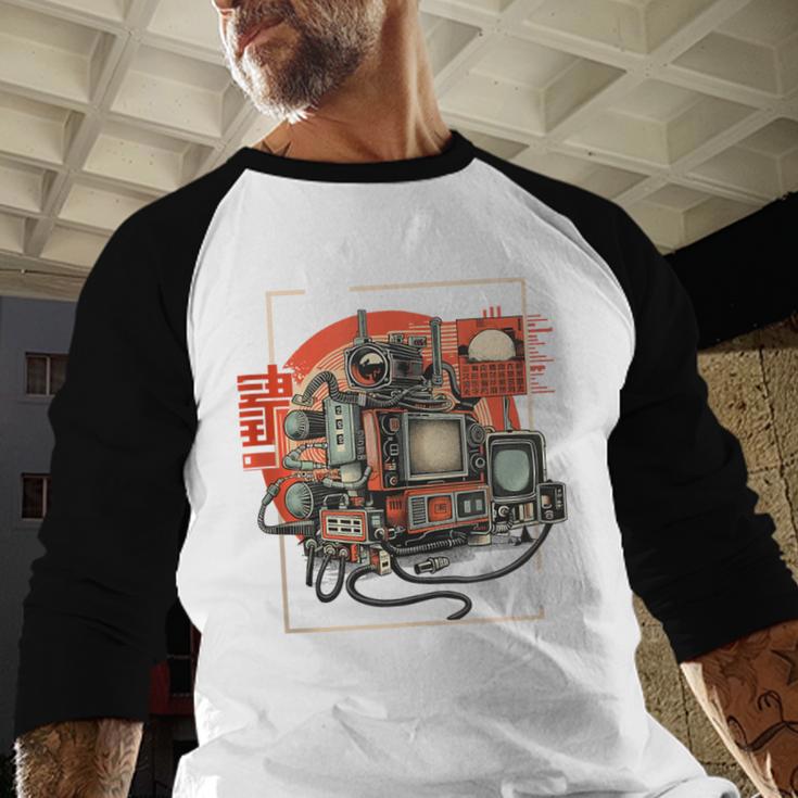 Retro Tech Stack 80s 90s Nostalgia Analog TV Cameras Baseball Raglan Shirt