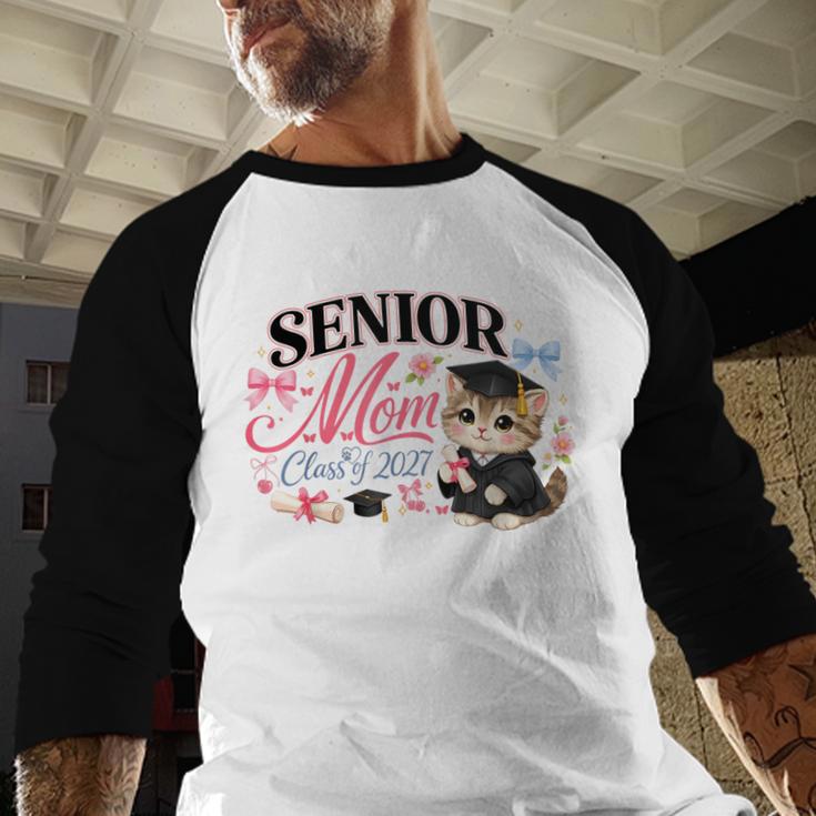 Senior Mom Class Of 2027 Cute Cat Graduation Pink Bows Girls Baseball Raglan Shirt