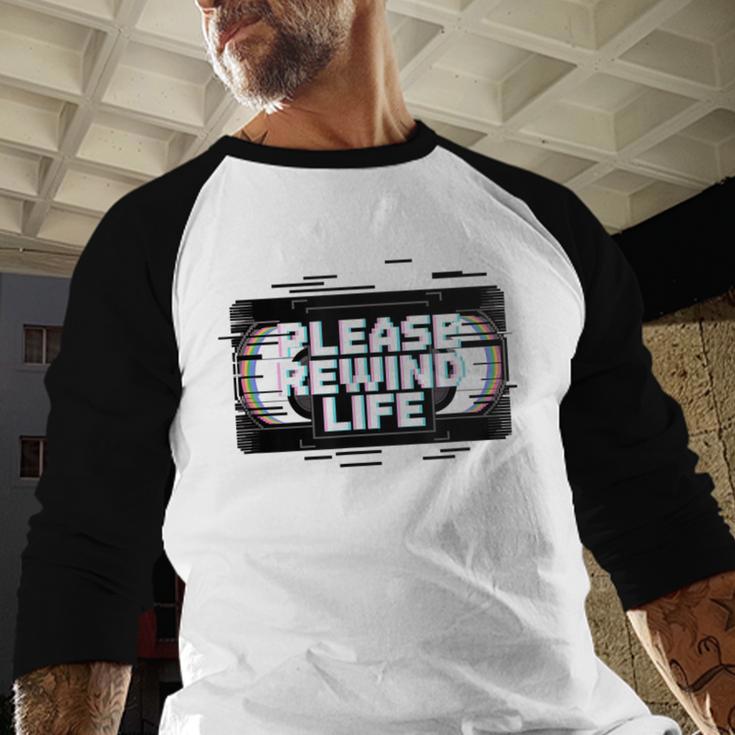 VHS Tape Rewind Glitch 90s Retro Nostalgia Please Rewind Baseball Raglan Shirt