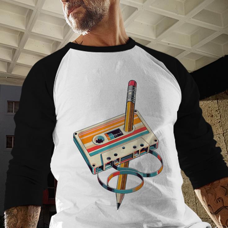 Vintage Cassette Tape And Pencil Nostalgia Party 70s 80s 90s Baseball Raglan Shirt
