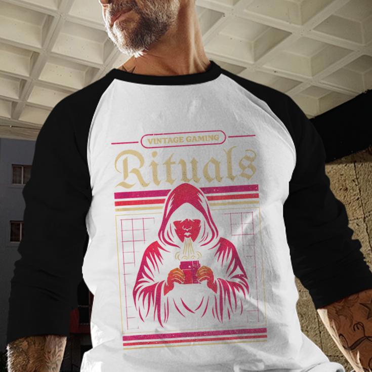 Vintage Gaming Rituals Retro Gamer Nostalgia Vintage Games Baseball Raglan Shirt