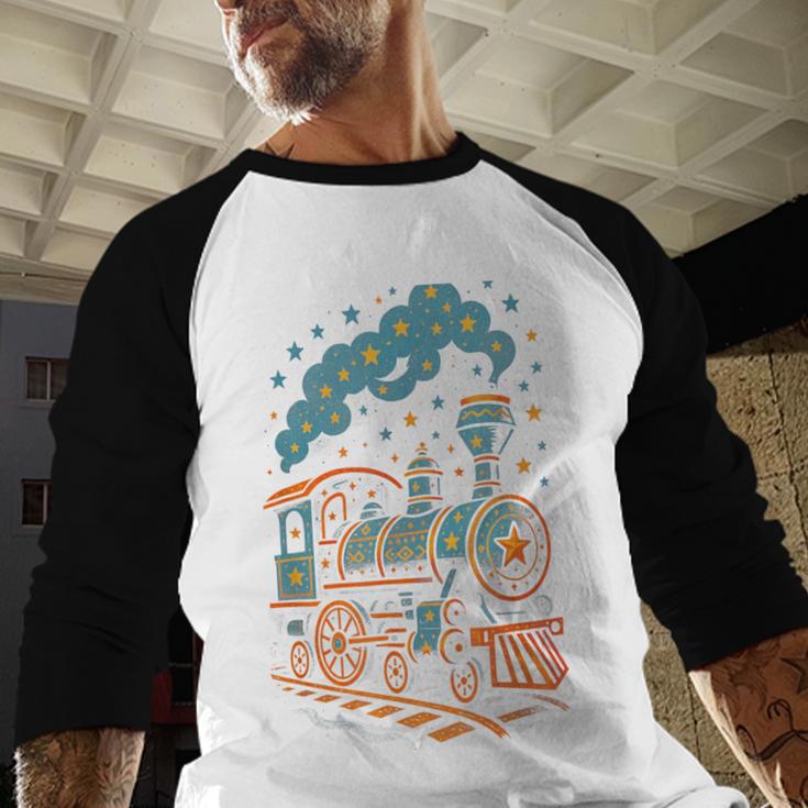 Vintage Locomotive Nostalgia Railroad Stars Baseball Raglan Shirt