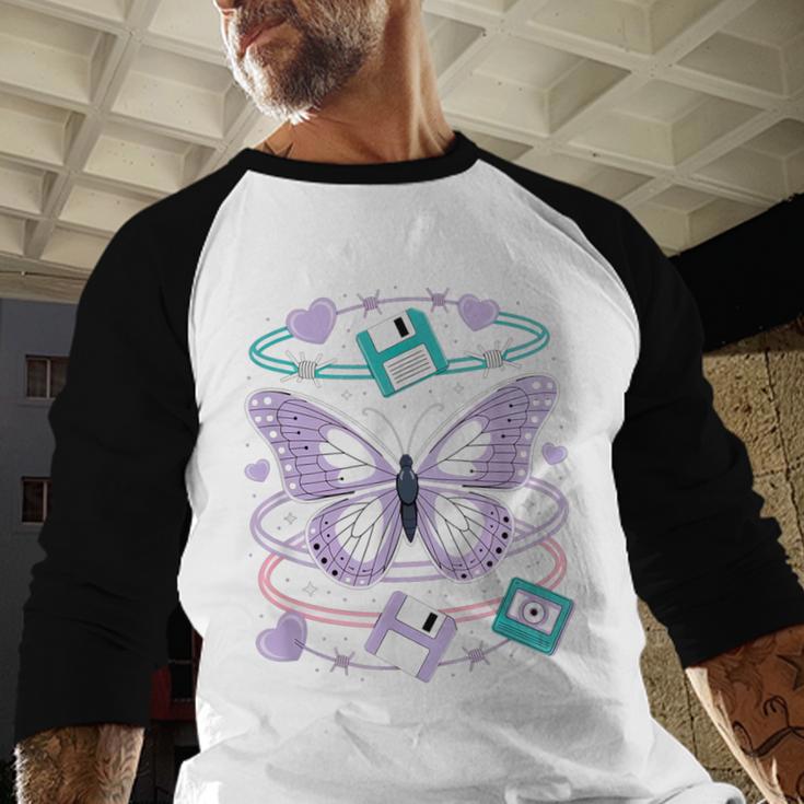Y2K Butterfly Floppy Disk Art Digital Nostalgia Baseball Raglan Shirt Y2K Butterfly Floppy Disk Art Digital Nostalgia Baseball Raglan Shirt