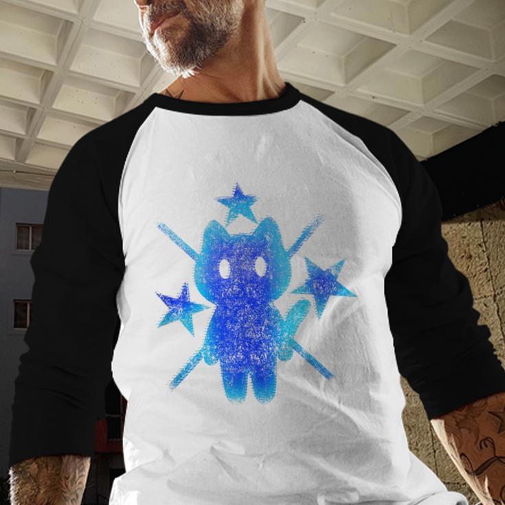 Yk2 Grunge Earthy Blue Cat With Stars Tomboy 90s Nostalgia Baseball Raglan Shirt