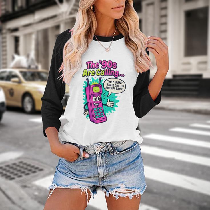 The 90s Are Calling Retro 90s Kid Nostalgia Gag Meme Baseball Raglan Shirt