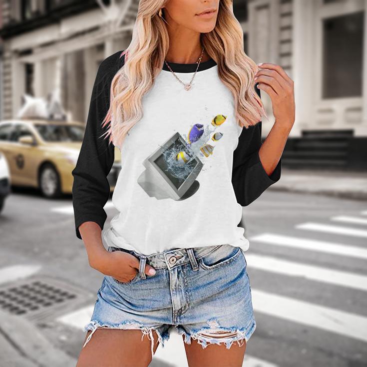 Frutiger Aero Aesthetic Tech Computer Aquarium Fishes Baseball Raglan Shirt