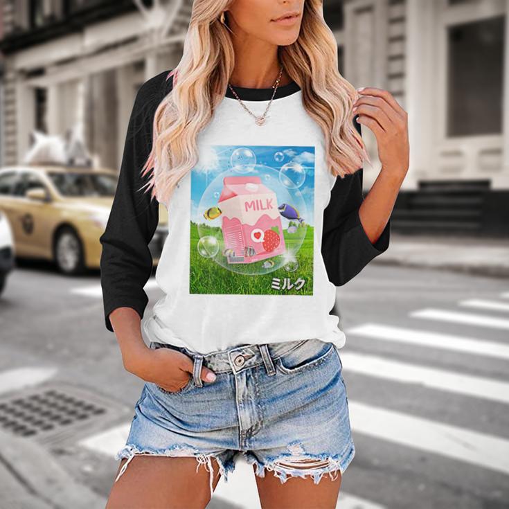 Frutiger Aero Aesthetic Tech Kawaii Strawberry Milk Fishes Baseball Raglan Shirt