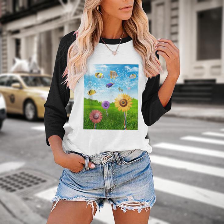 Frutiger Aero Aesthetic Tech Scenery Fishes Sunflower Baseball Raglan Shirt Frutiger Aero Aesthetic Tech Scenery Fishes Sunflower Baseball Raglan Shirt