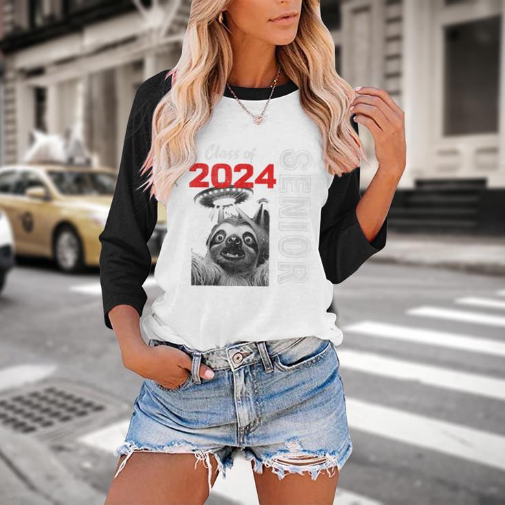 Fun Trendy UFO Sloth Graduation Class Of 2024 Senior Baseball Raglan Shirt