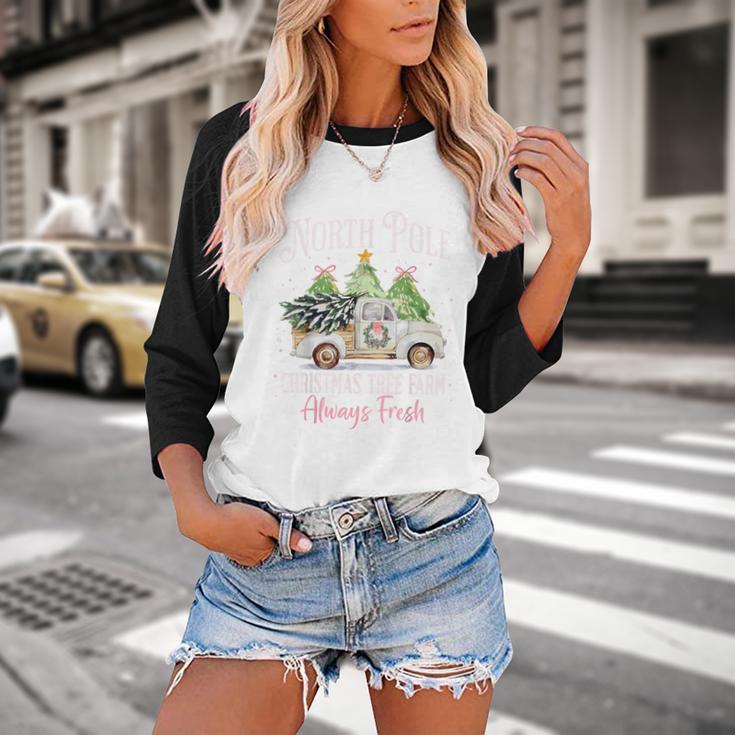 North Pole Tree Farm Merry Christmas Holiday Scene Nostalgia Baseball Raglan Shirt