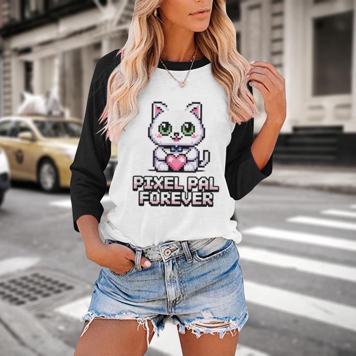Pixel Art Pet Cat Y2K Retro Vintage Digital Nostalgia Tech Baseball Raglan Shirt