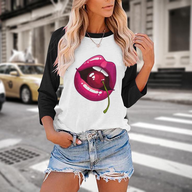 Rainbow Lips With a Cherry In The Mouth 80s Nostalgia Premium Tri-Blend Baseball Raglan Shirt