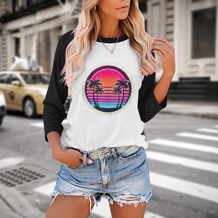 Retro 80s Synthwave Sunset & Palm Trees Retro Nostalgia 80s Baseball Raglan Shirt