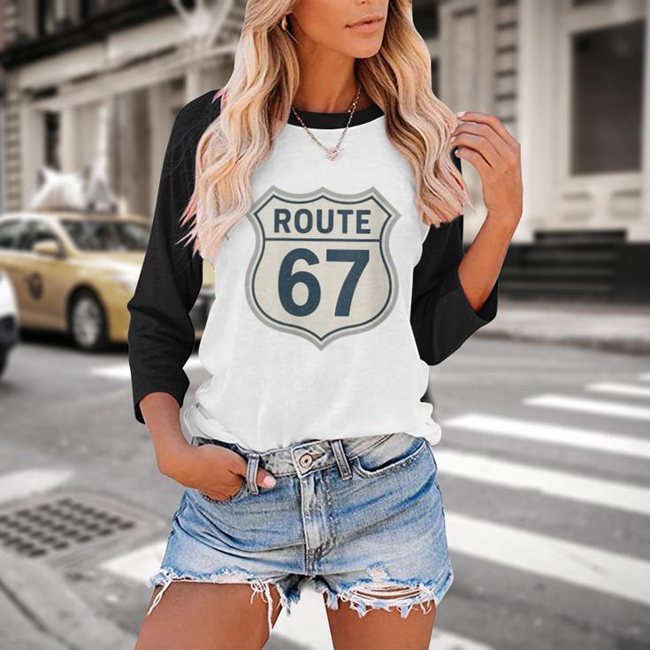 Retro Route 67 Highway Sign Vintage Road Nostalgia Baseball Raglan Shirt