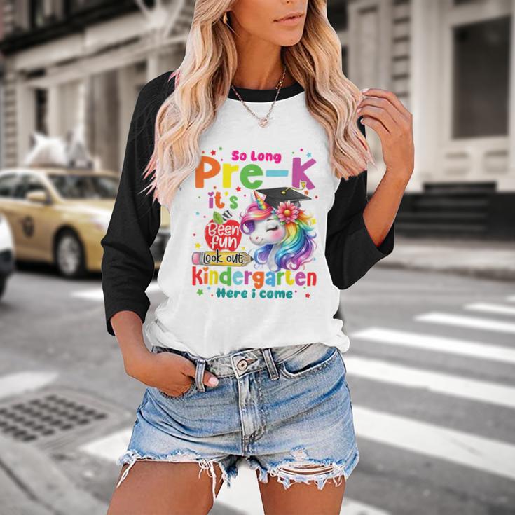 So Long Prek Pre-K Graduation Graduate Unicorn Kids Girls Baseball Raglan Shirt