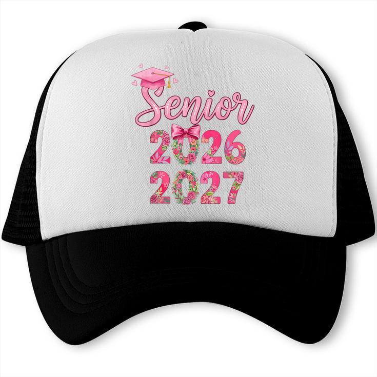 Coquette Pink Bow Flowers Senior 2026 2027 Graduation Trucker Cap