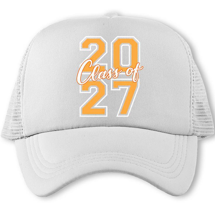 Class Of 2027 Graduation Varsity Orange On The Back Premium Tri-Blend Trucker Cap