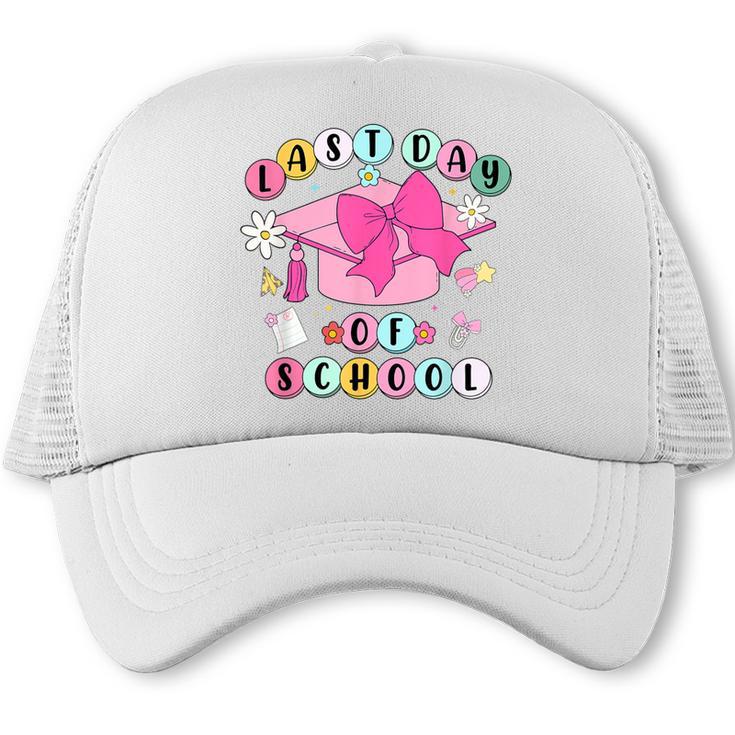 Happy Last Day Of School Coquette Bow Graduation Girls Kids Trucker Cap