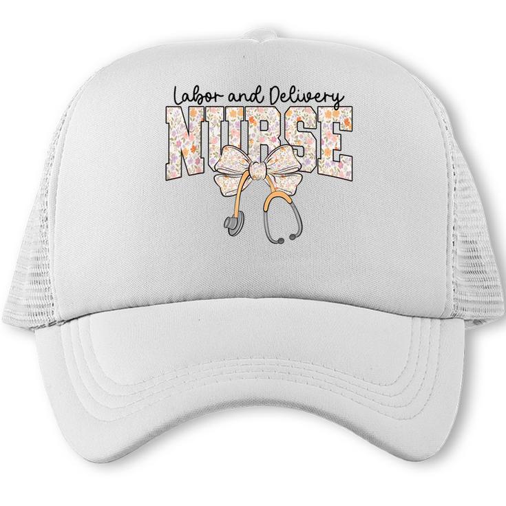Labor And Delivery Nurse Stethoscope Coquette Bow Graduation Trucker Cap