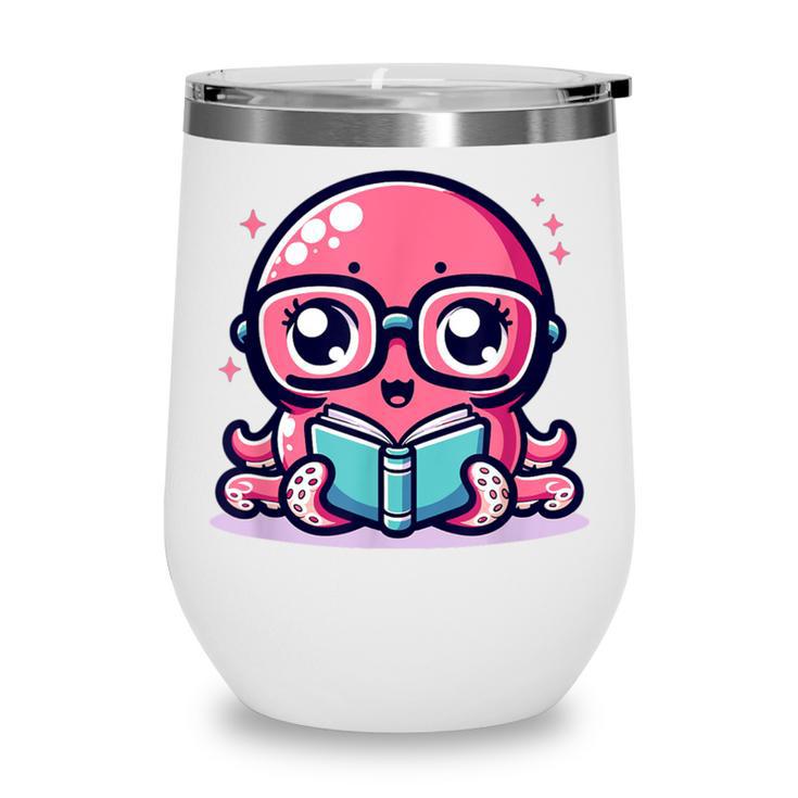 Adorable Book Lover Octopus With Reading Glasses Cute Wine Tumbler
