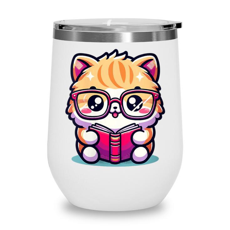 Adorable Book Lover Persian Cat With Reading Glasses Cute Wine Tumbler