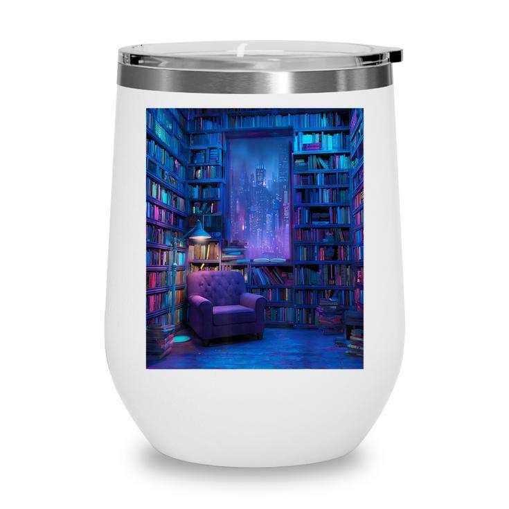 Book Library Bookshelf Armchair Window Pattern Print Wine Tumbler