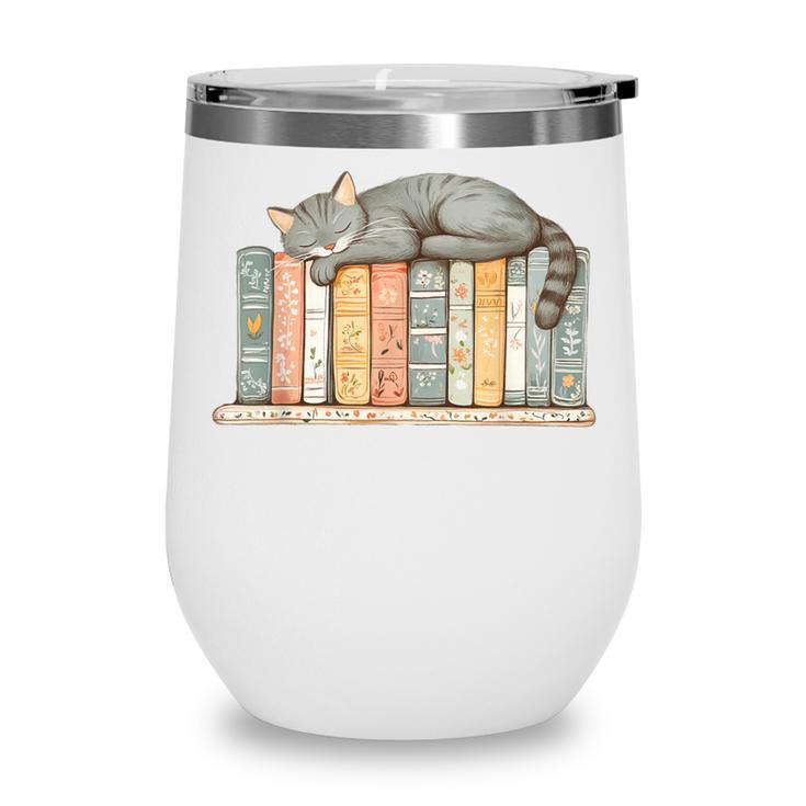 Cute Cat Sleeping On Books Wine Tumbler