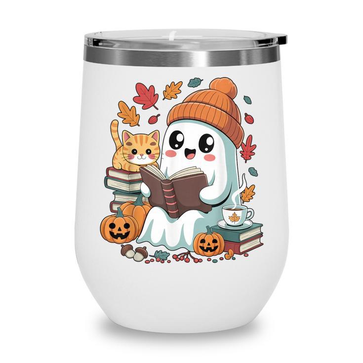 Cute Cozy Ghost Reading With Cat Book Lover Autumn Fall Wine Tumbler