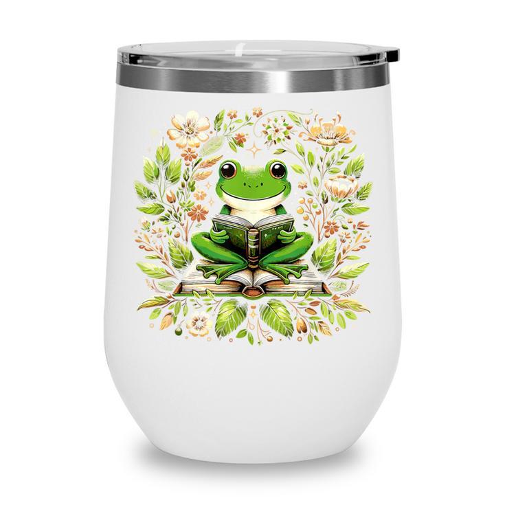 Cute Floral Frog Book Reading Wine Tumbler