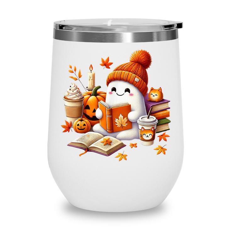 Cute Ghost Reading Book Lovers Halloween Pumpkin Women Girls Wine Tumbler