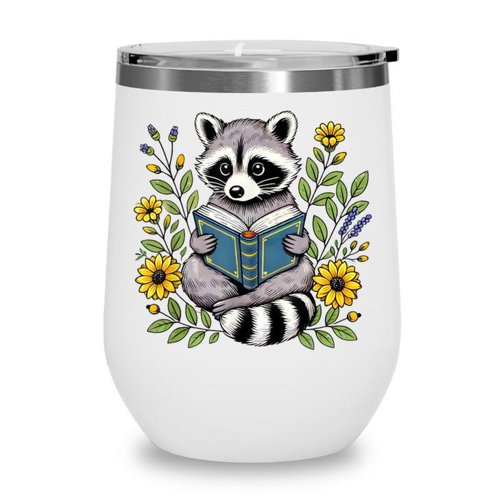 Cute Raccoon Reading Book Flowers Wine Tumbler