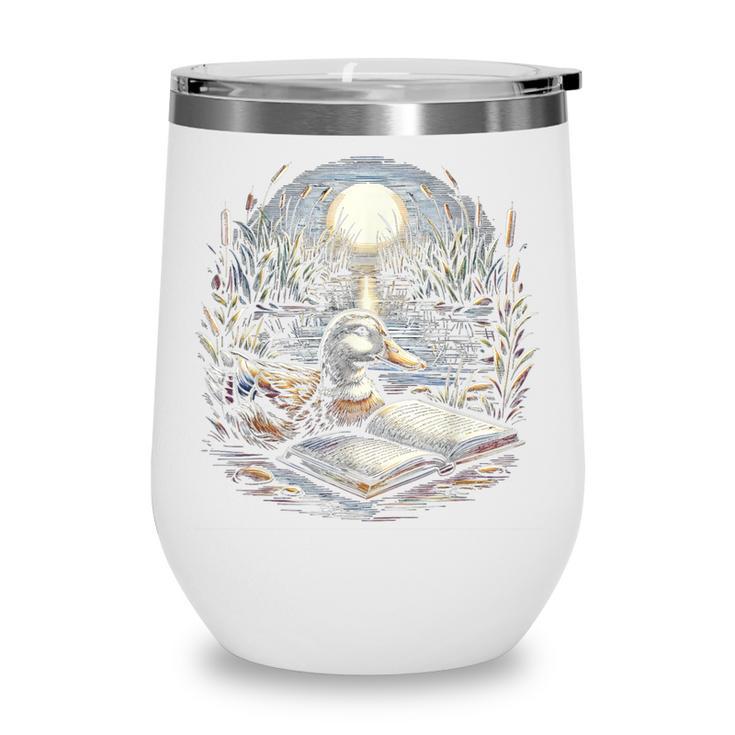 Duck Reading Book Full Moon Lake Scenery Wine Tumbler