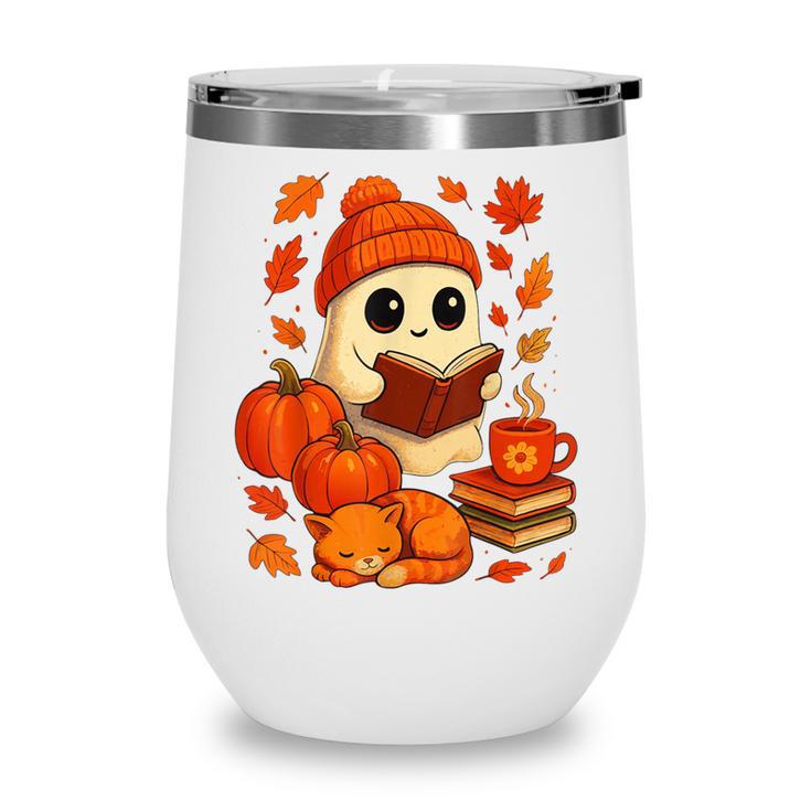 Ghost Reading Book Lovers Autumn Fall Halloween Wine Tumbler