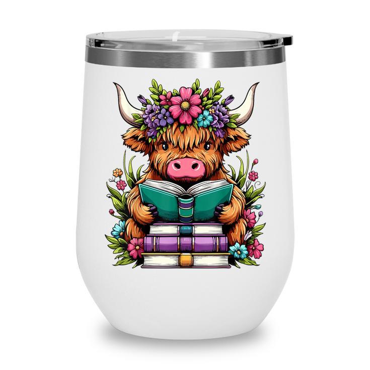 Highland Cow Book Floral Bookworm Wine Tumbler