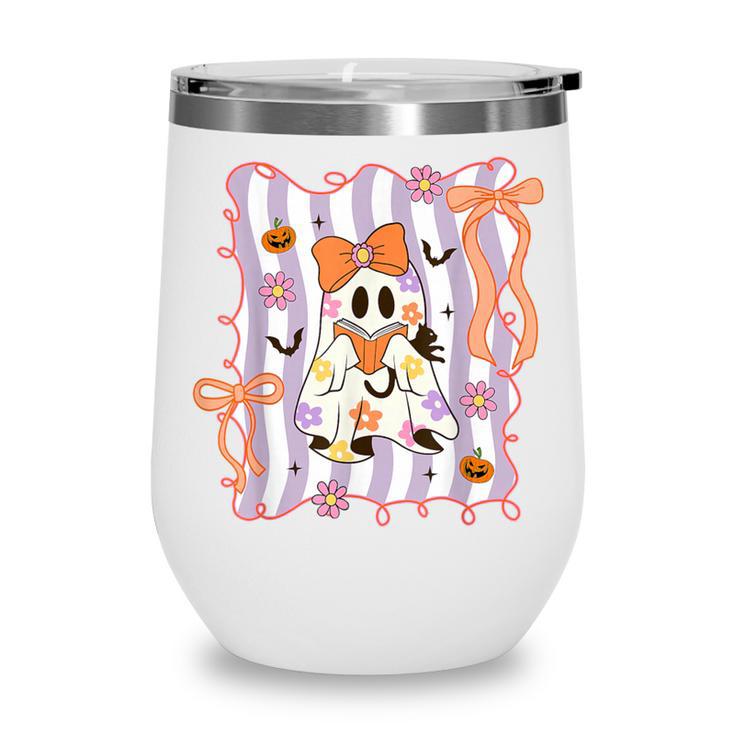 Preppy Coquette Bow Ghost Reading Books Halloween Book Wine Tumbler