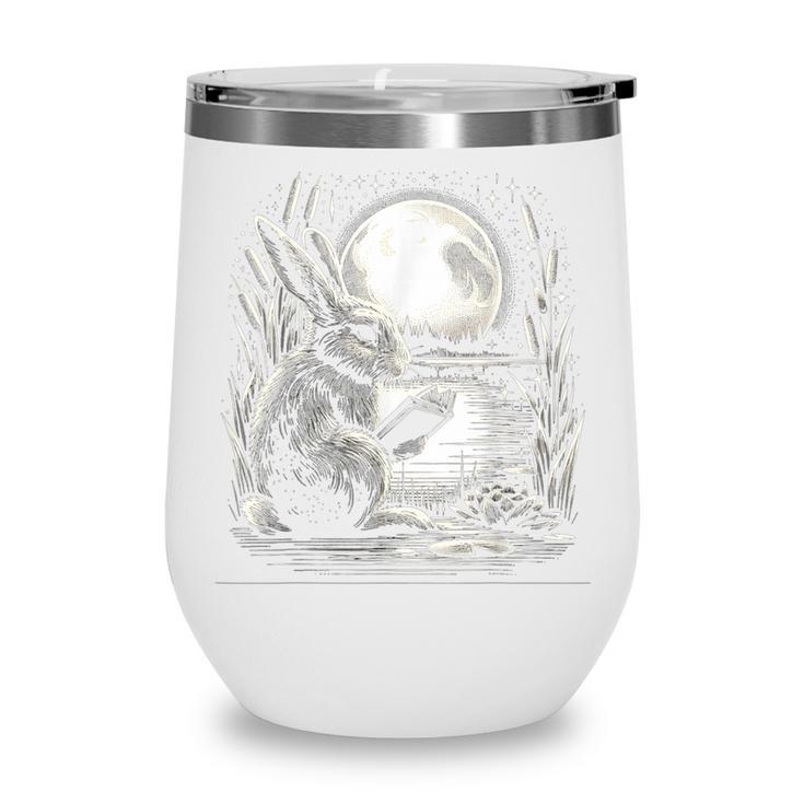 Rabbit Reading Book Full Moon Lake Scenery Wine Tumbler