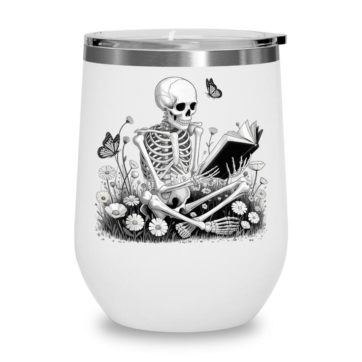 Skeleton Reading Book Floral Dark For Book Lovers Wine Tumbler