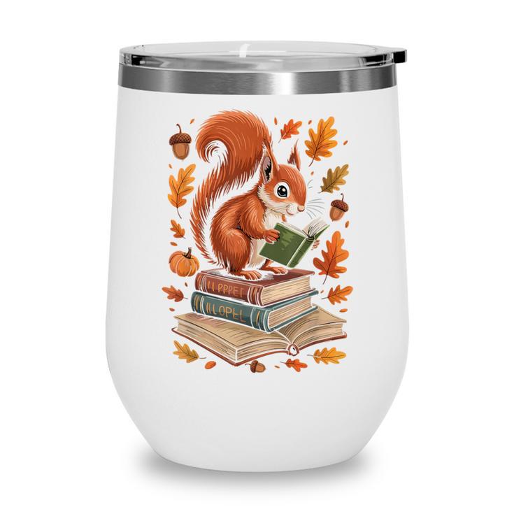 Squirrel Reading Book Lovers Fall Leaves Library Books Wine Tumbler