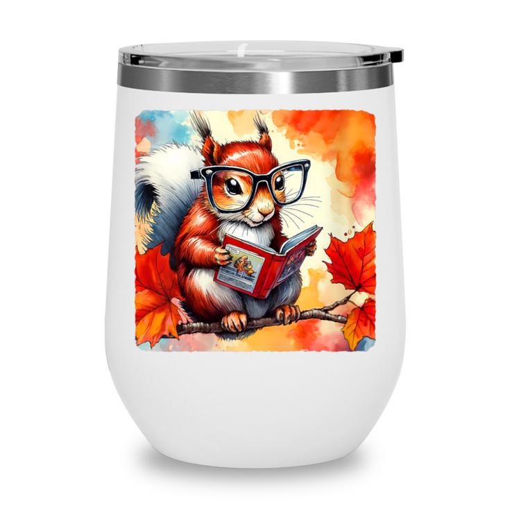 Squirrel Reading Comic Book On Autumn Branch Glasses Leaves Wine Tumbler