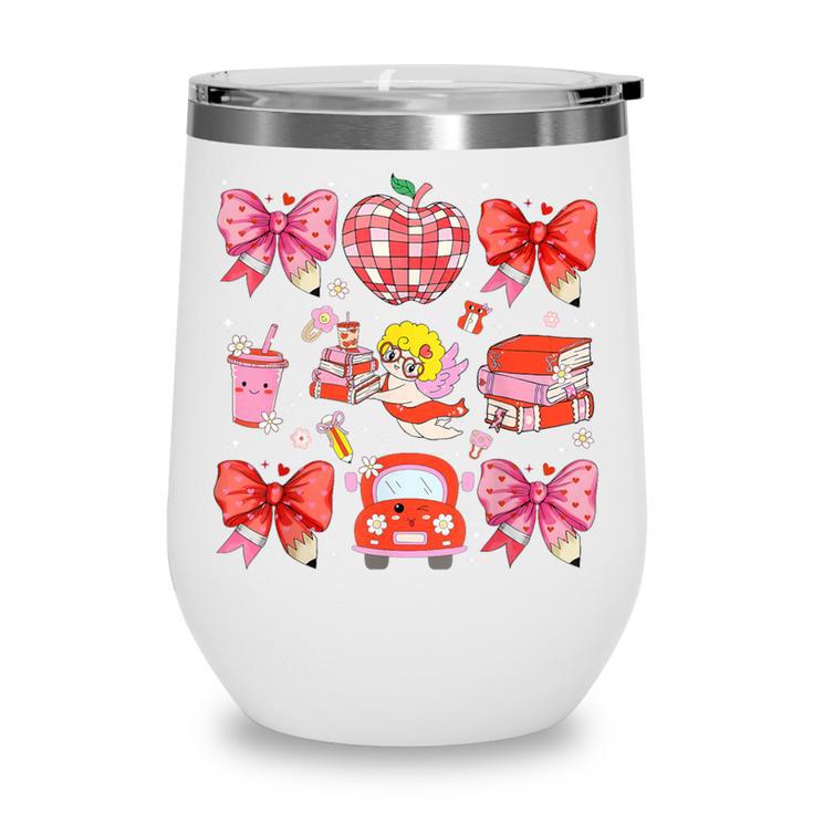 Valentine Cupid Coquette Pink Bow Apple Books Teacher Wine Tumbler