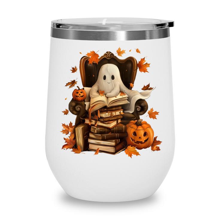 Vintage Ghost Book Reading Pumpkin Gothic Halloween Teachers Wine Tumbler